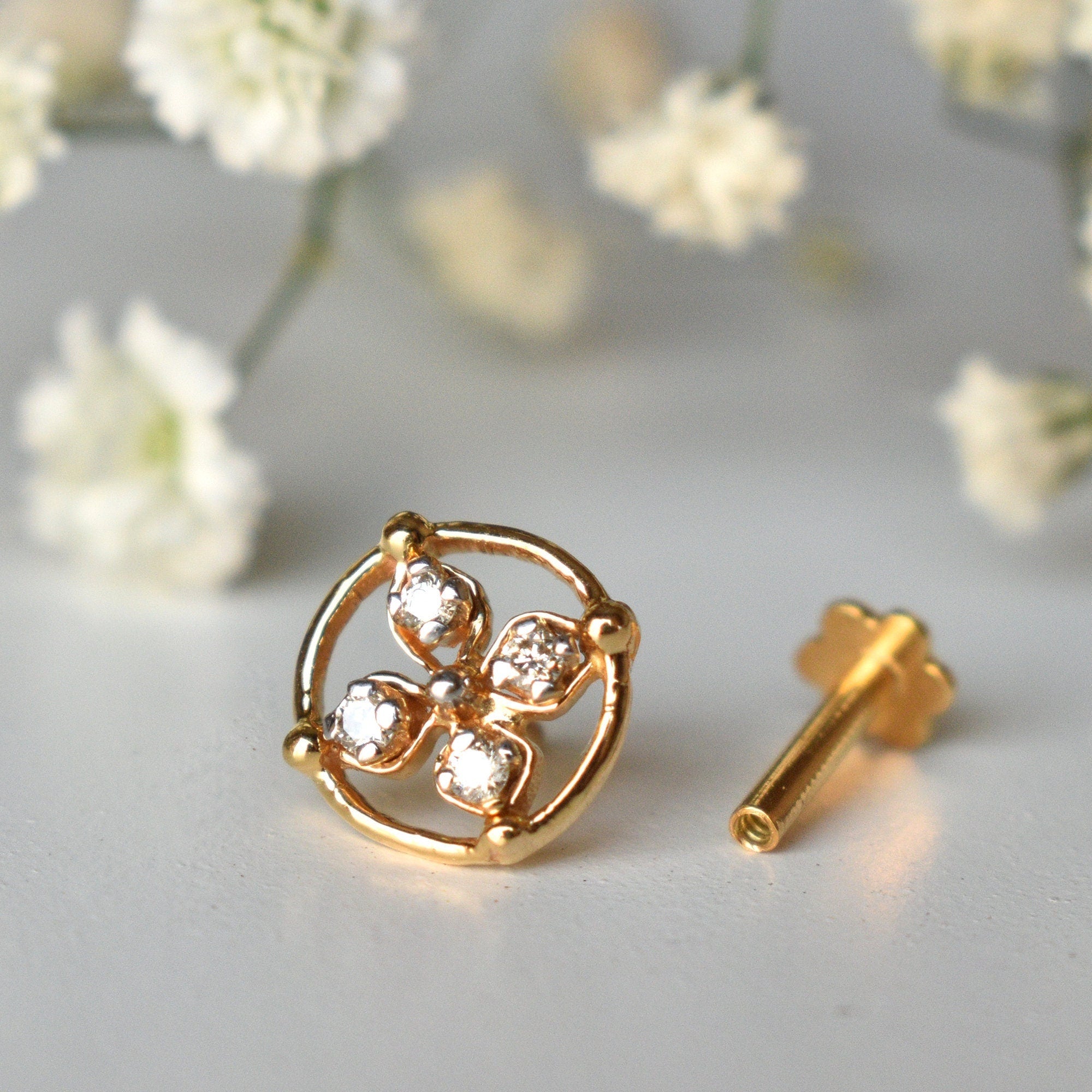 Four Leaf Clover Stud, 14k 18k Solid Gold Natural Genuine Diamond Earring, Flower Stud for Daughter, Threaded Flatback 16g Everyday Earring