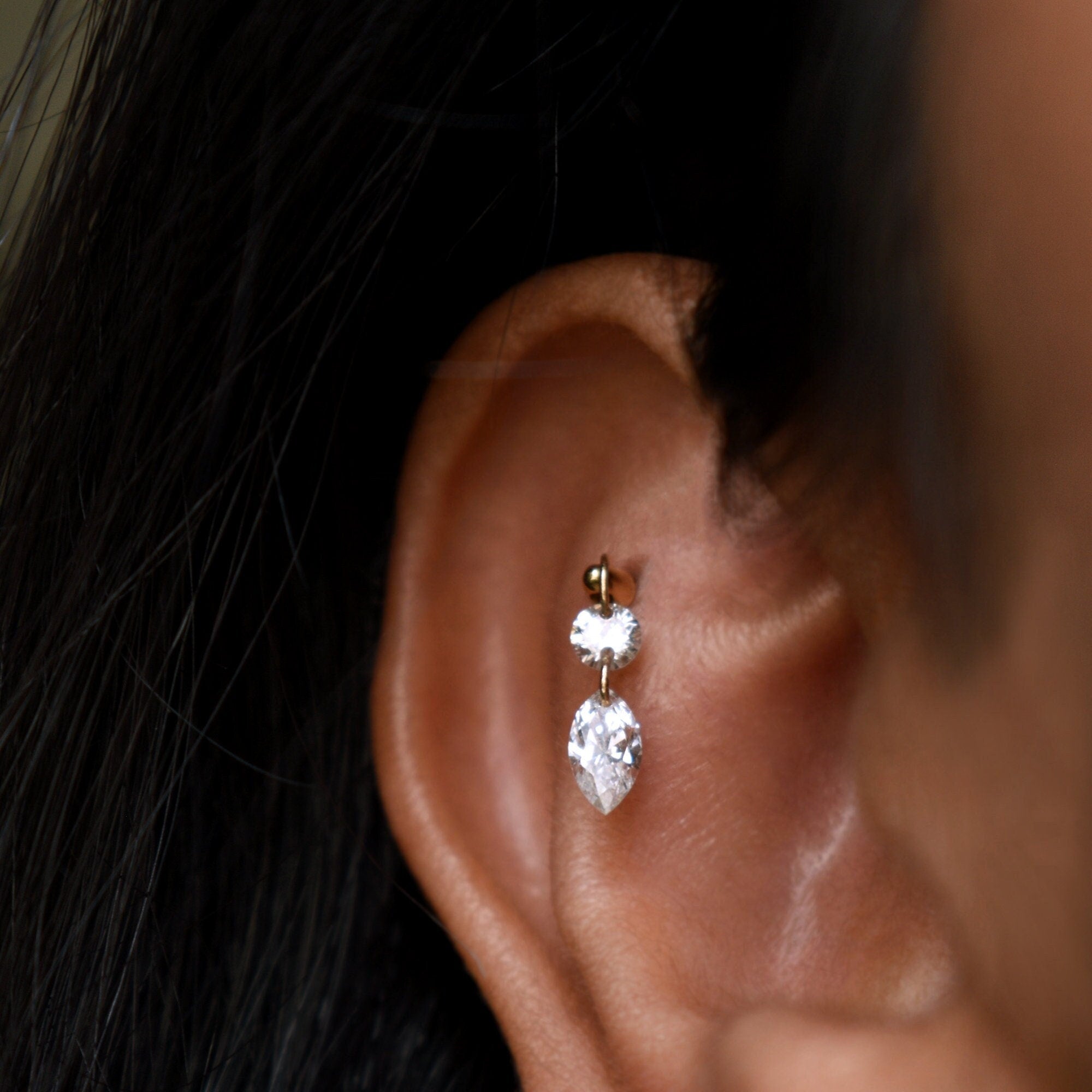 Natural Diamond Floating Dangle Earring, 14k 18k Solid Gold Piercing Jewelry, 16g Threaded Flatback, Unique Helix Flat Ear Set Up Stud