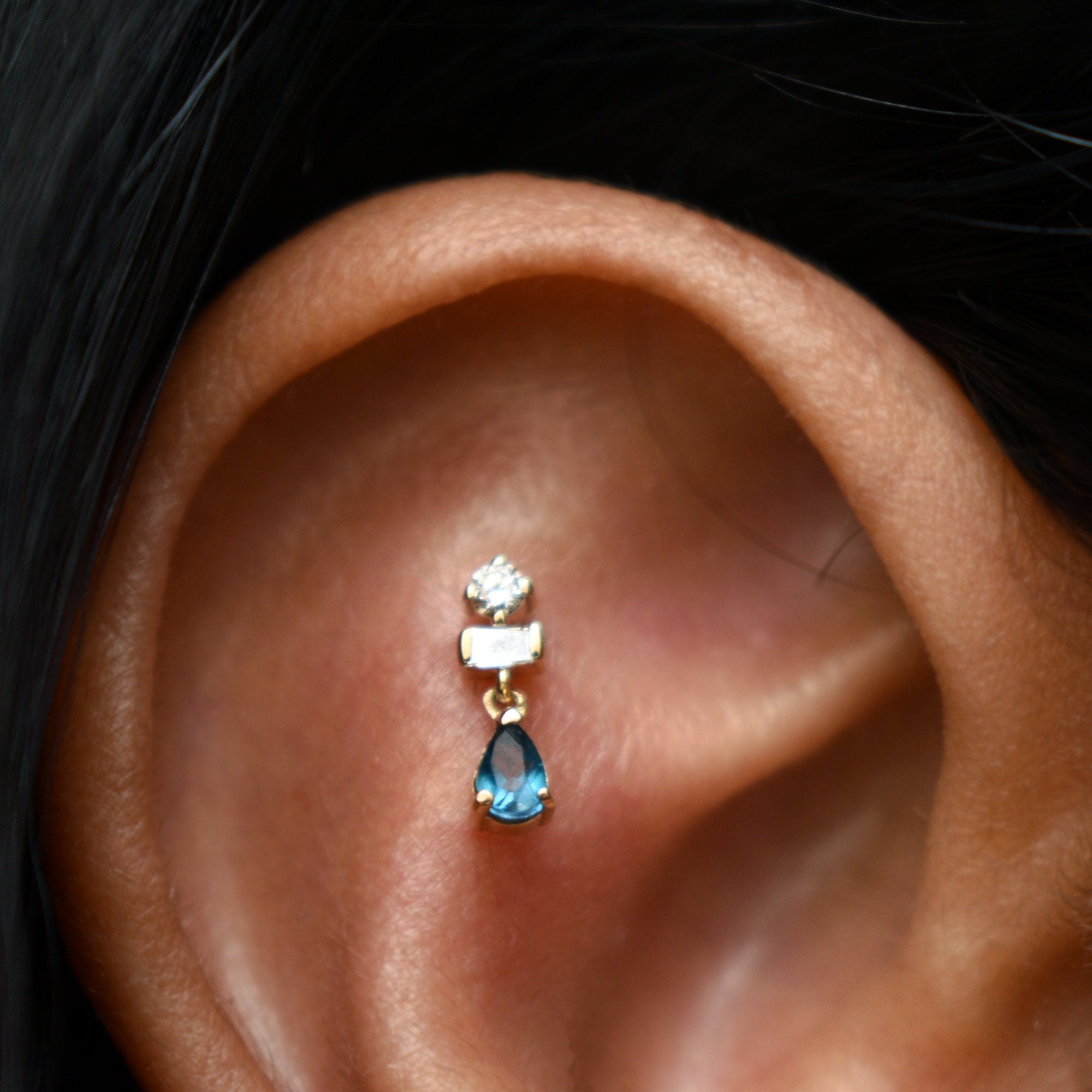 Natural Diamonds & London Blue Topaz Tiny Dangle Earring, 14k 18k Solid Gold Tragus Flat Forward Helix Stud, Piercing Jewelry Flatback 16g
