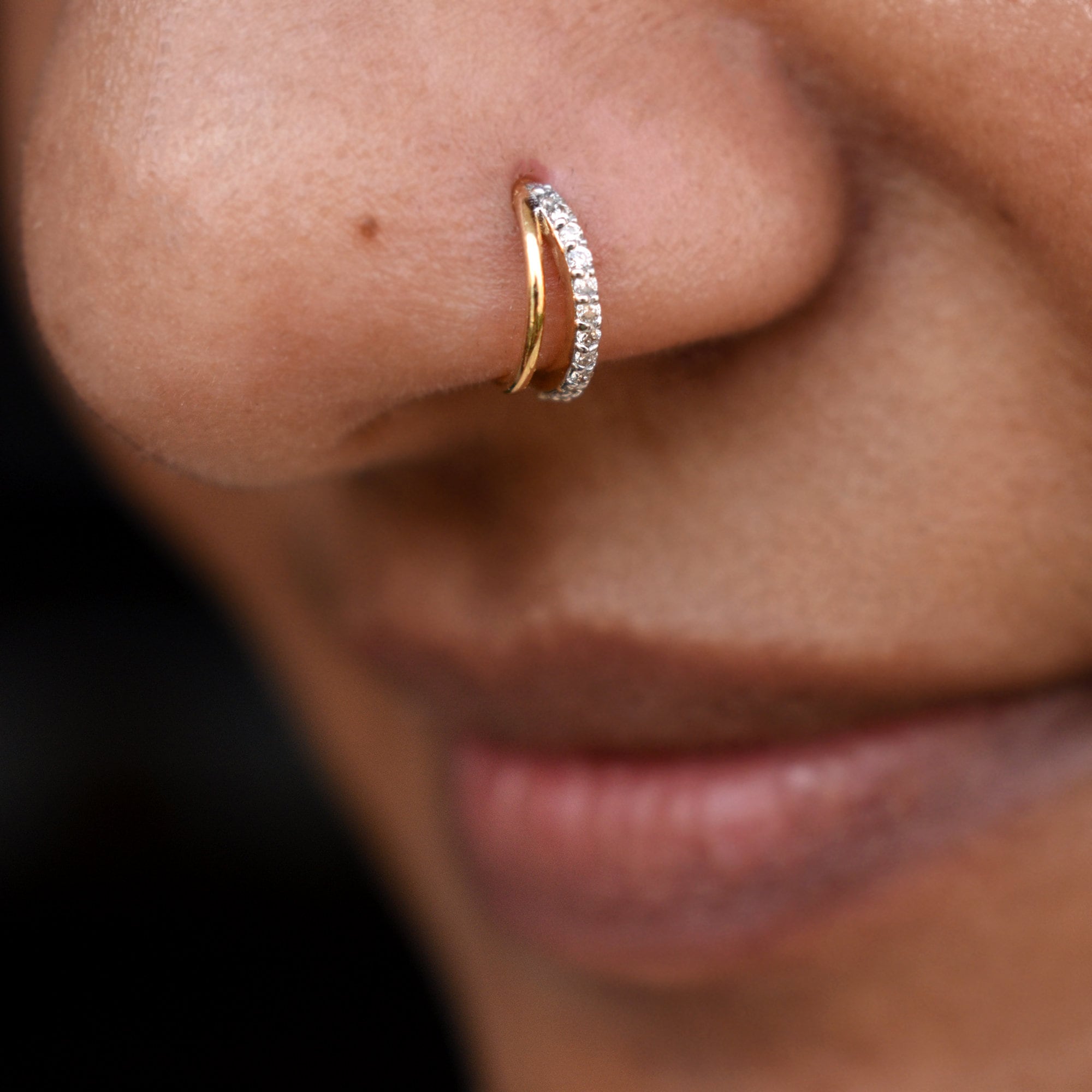 Two Line Clicker Hoop Ring, Dainty Diamond and Gold Line Nose Ring, 14k 18k Solid Gold Piercing, Cartilage Helix Lobe Piercing, 14g 16g 18g