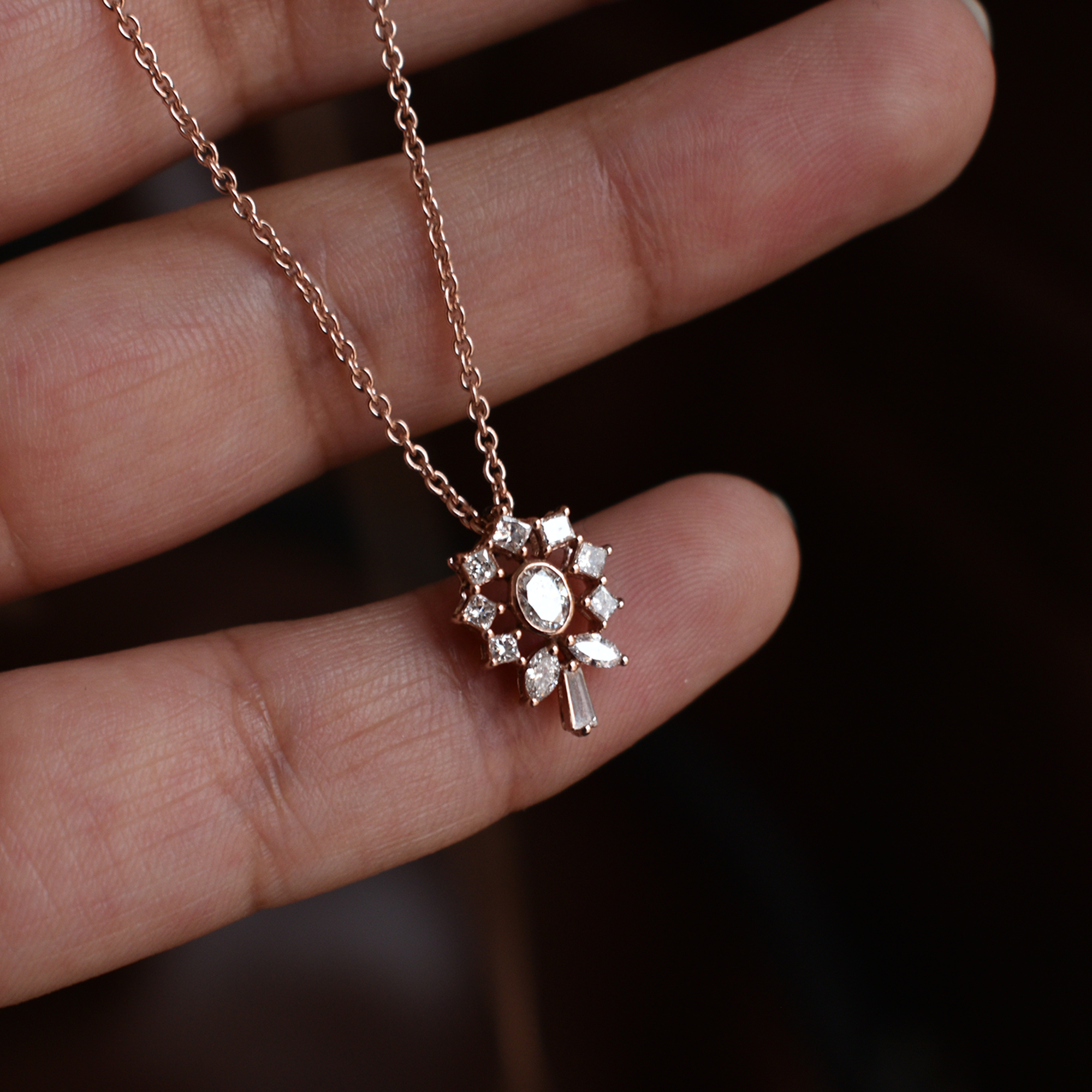 Flower Pendant Oval Diamond Necklace wih Princess Halo in 14K
