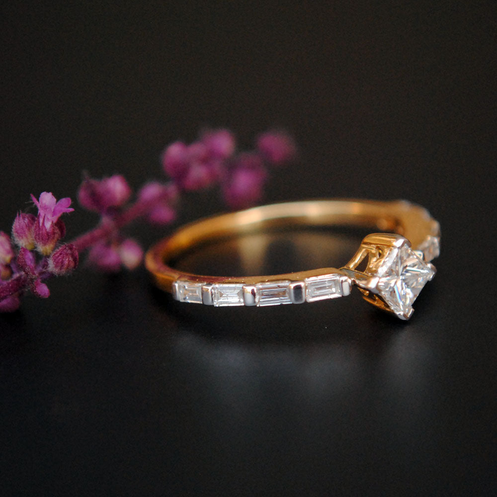 Round Diamond Tapered Baguette Diamond Ring in Yellow, Rose or White Gold
