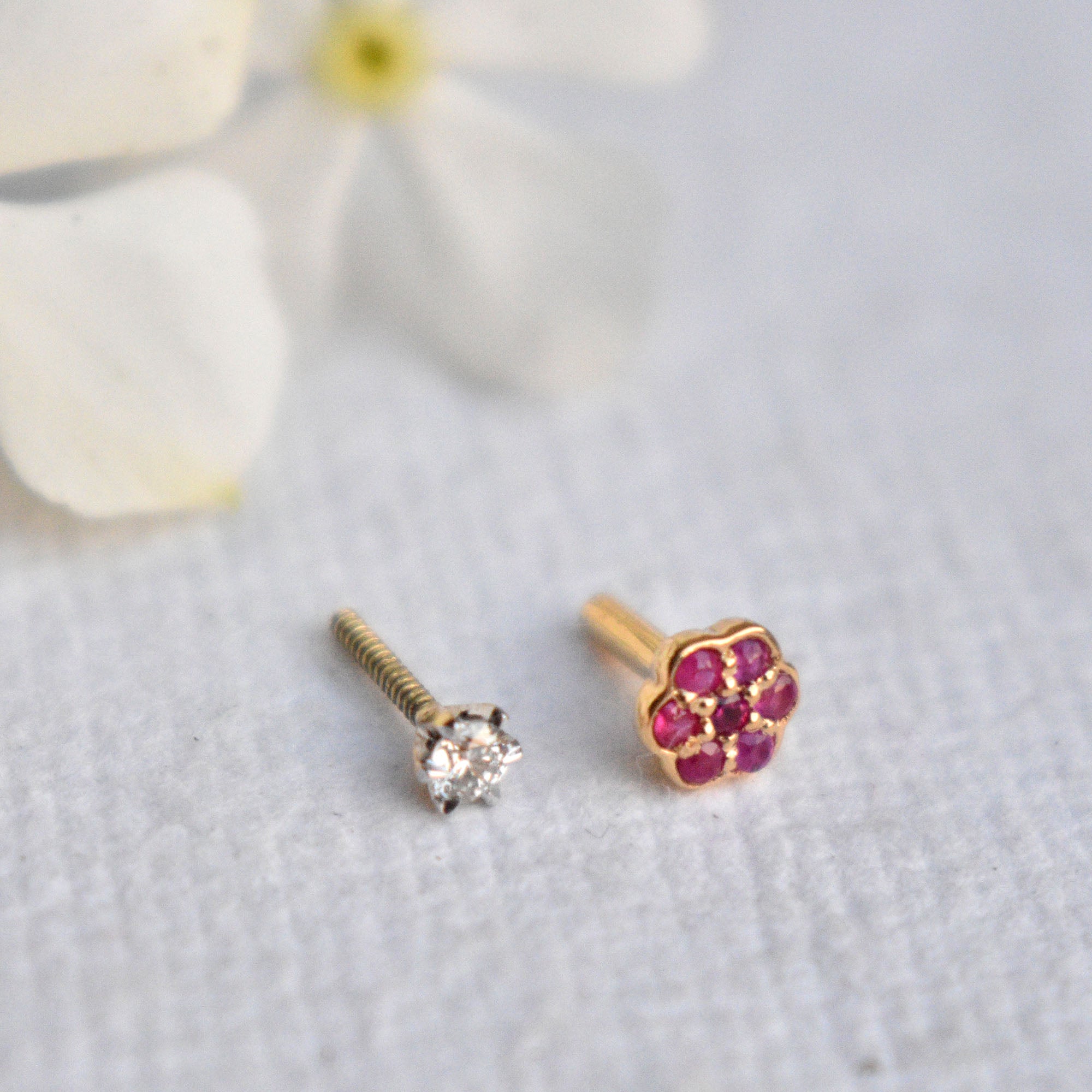 14k Double Sided Diamond & Ruby Flower Stud - Abhika Jewels