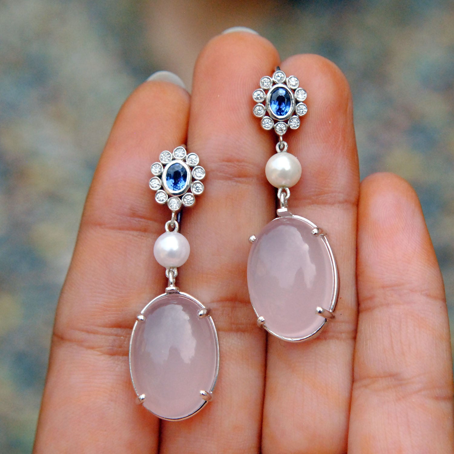 Sapphire blue stone and cz pearl drop earrings 