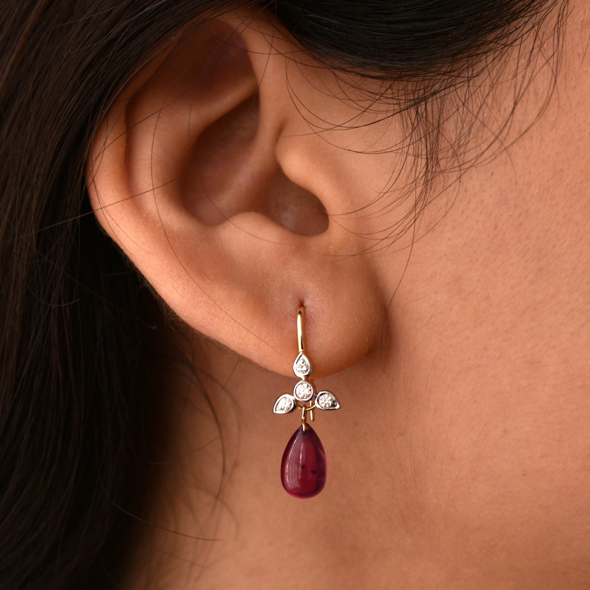 Diamond Ear Wire Earrings with Ruby Drops - Abhika Jewels